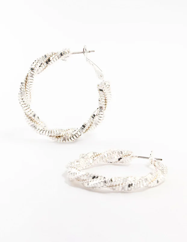 Light clay earrings-Silver Cut Diamante Twisted Hoop Earrings