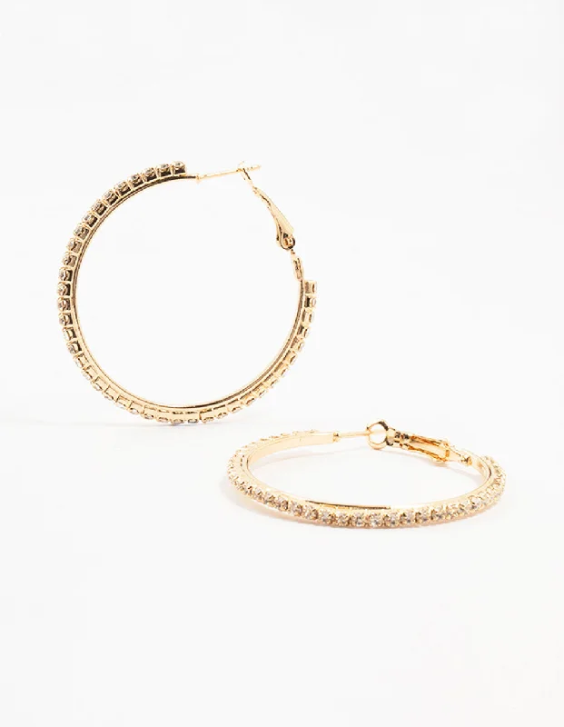 Wave drop earrings-Gold Large Skinny Diamante Hoop Earrings