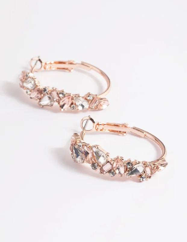 Baroque pearl earrings-Rose Gold Mini Cluster Diamante Hoop Earrings