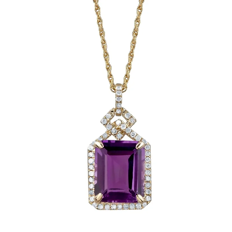 Light filigree necklaces-Viducci 10k Yellow Gold Genuine Emerald-cut Amethyst and 1/4ct Diamond Halo Necklace