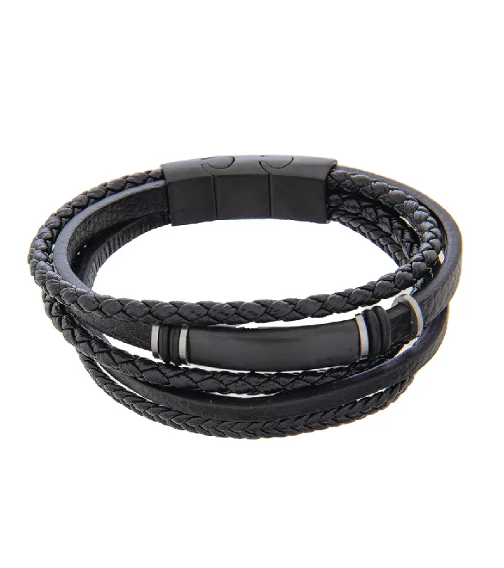 Old cameo bangles-Mens Bracelet 19-21cm Black Multi-Leather with Black Steel and extender