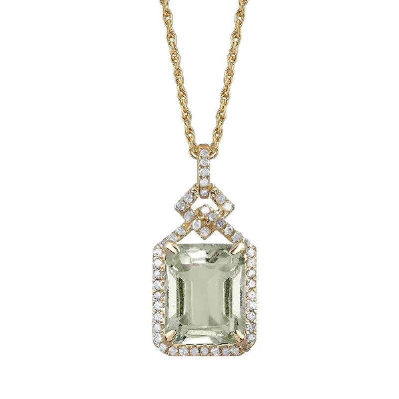 Amethyst stone necklaces-Viducci 10k Yellow Gold Genuine Emerald-cut Green Amethyst and 1/4ct Diamond Halo Necklace