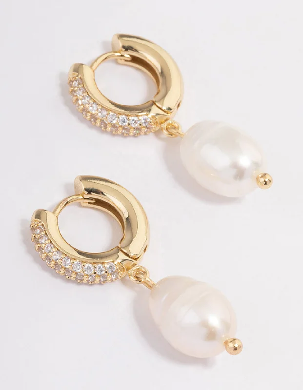 Agate drop earrings-Gold Plated Freshwater Pearl Thick Huggie Earrings