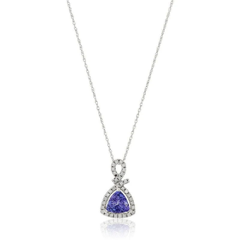 Wide bib necklaces-14k White Gold 1 cttw Trillion Tanzanite and Diamond Halo Pendant Necklace, 18"