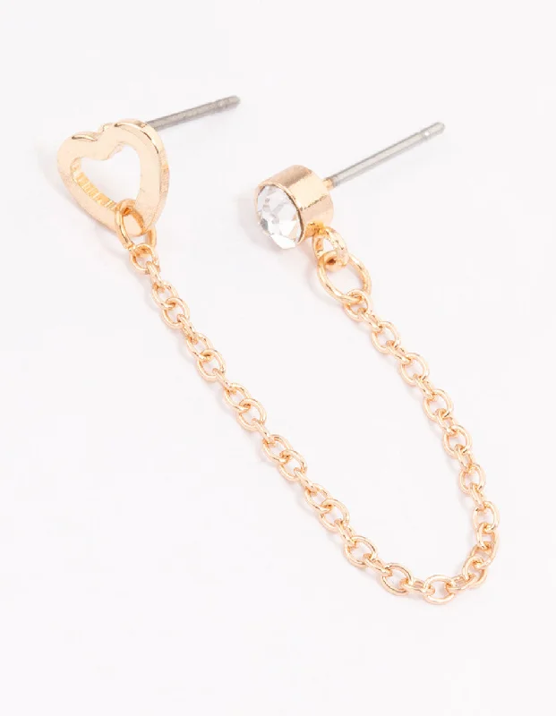 Radiant star earrings-Gold Diamante & Heart Chain Earrings