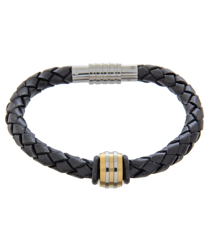 Bold gem bangles-Mens Bracelet 19cm Black Leather with Accent Bead