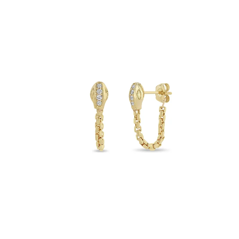 Satin gold earrings-14k Pavé Diamond Snake Head Box Chain Huggie Earrings