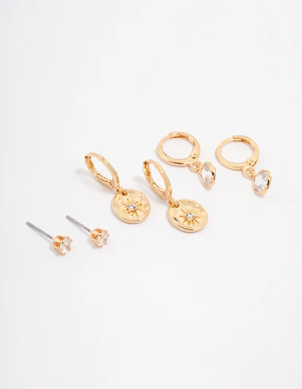 Topaz earrings-Gold Plated Brass Molten Star Drop Earring 3-Pack