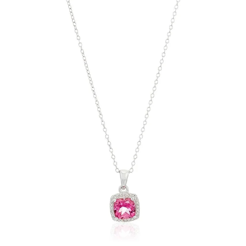 Thai style necklaces-Sterling Silver Cushion Pink Topaz & Diamond Accented Pendant Necklace 18"