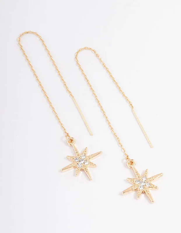 Half moon earrings-Gold Fine Diamante Star Threader Earrings