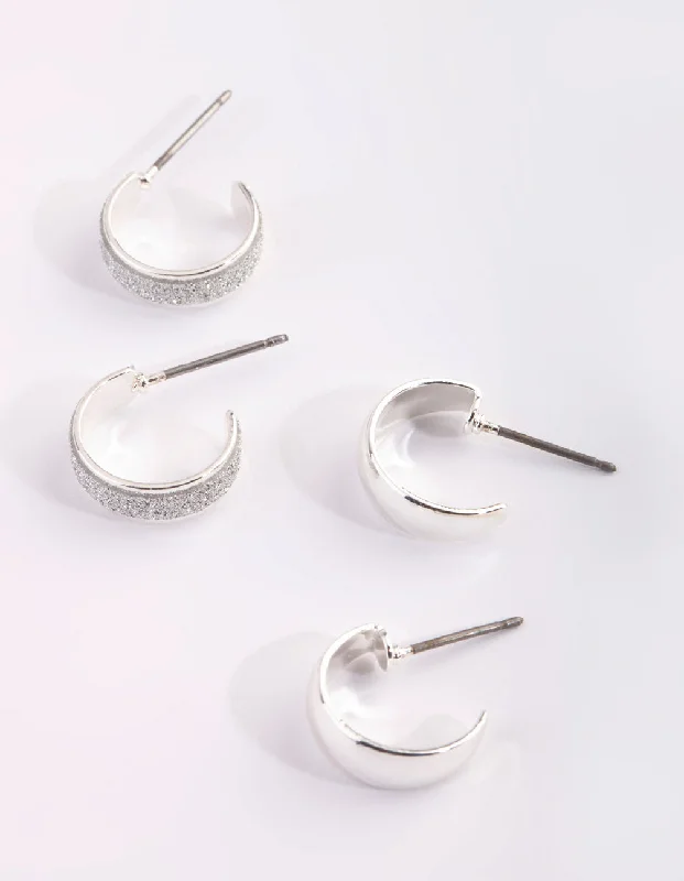 Wide statement earrings-Silver Glitter Huggie Hoop Earring Set