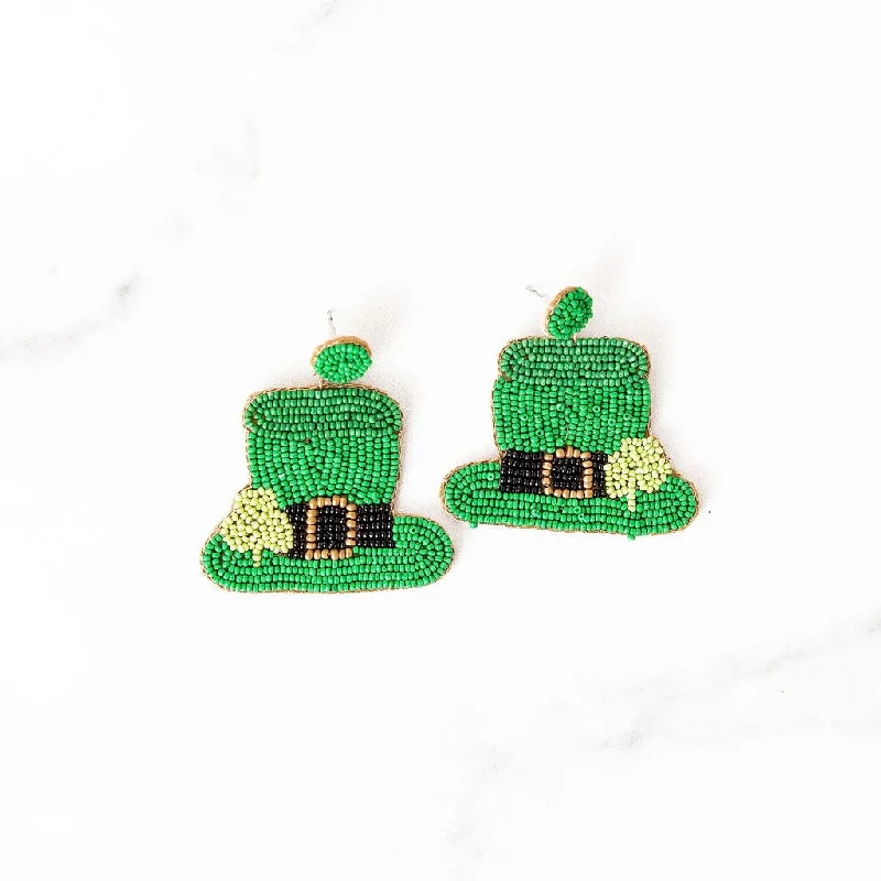 Light drop earrings-Beaded Leprechaun Hat Earrings