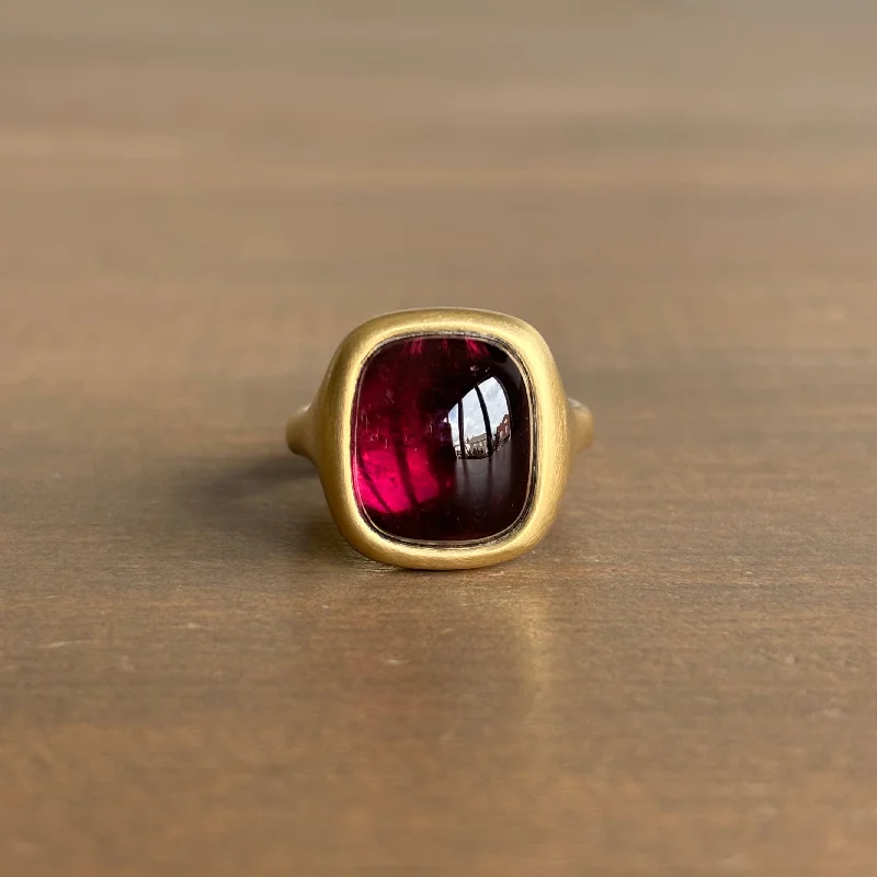 Deep Fuchsia Cushion Tourmaline Signet Ring