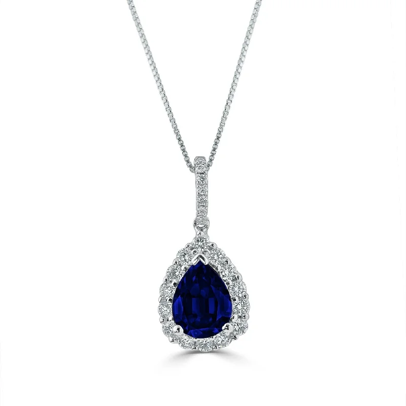 Smooth pendant necklaces-Auriya 18k White Gold 1 1/3 ct. Pear-Shaped Blue Sapphire and Diamond Halo Necklace