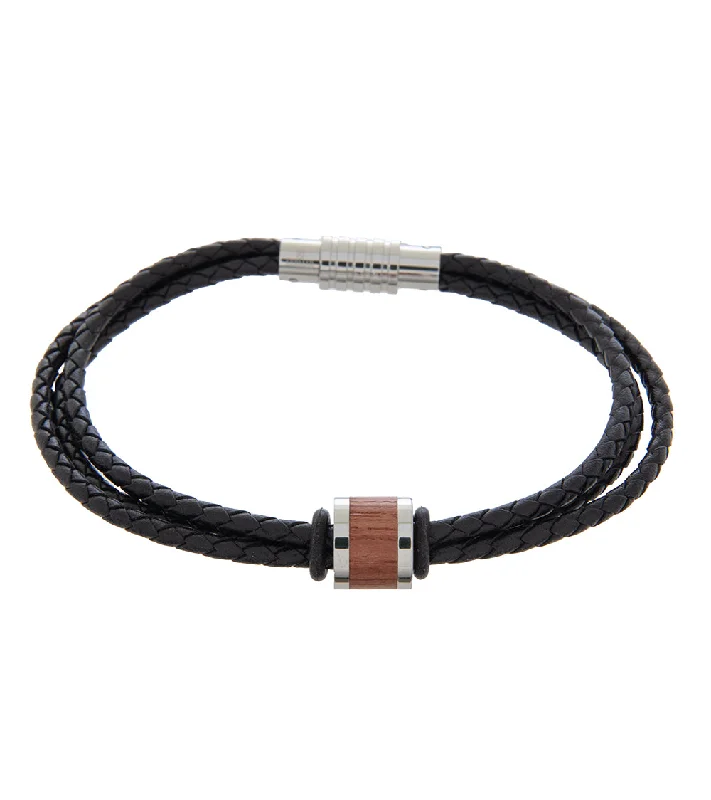 Topaz bead bangles-Mens Bracelet 23cm Triple Black Leather with Bubinga Link