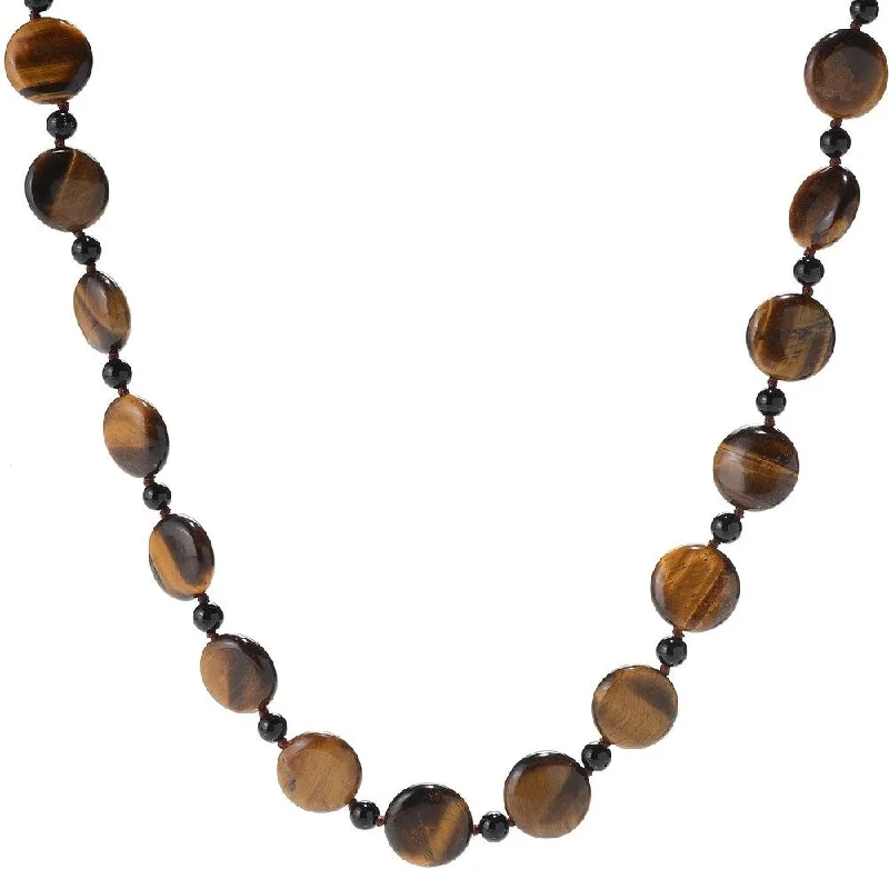 Fiber tassel necklaces-28" 18mm Coin Shaped Tiger Eye & Onyx Beaded Endless Necklace