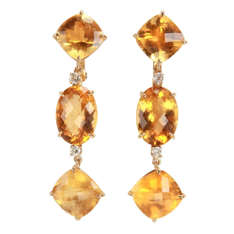 Morganite stud earrings-Elegant Citrine Diamond Gold Three Stone Cushion Drop Earrings