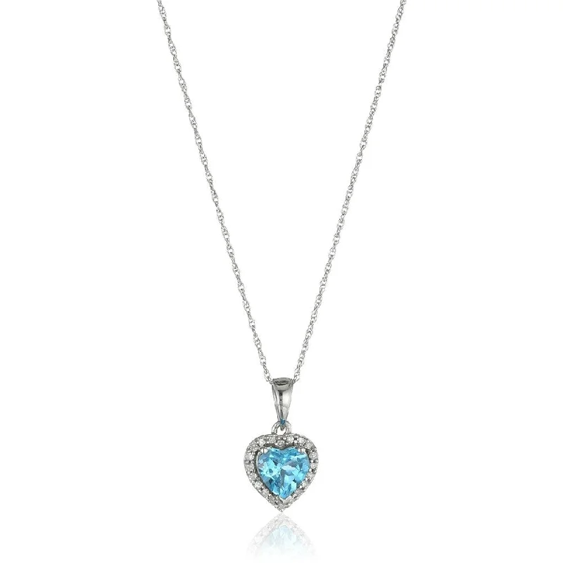 Slanted design necklaces-10k White Gold Swiss Blue Topaz Heart and Diamond Pendant Necklace, (1/10 cttw H-I Color, I1-I2 Clarity), 18"