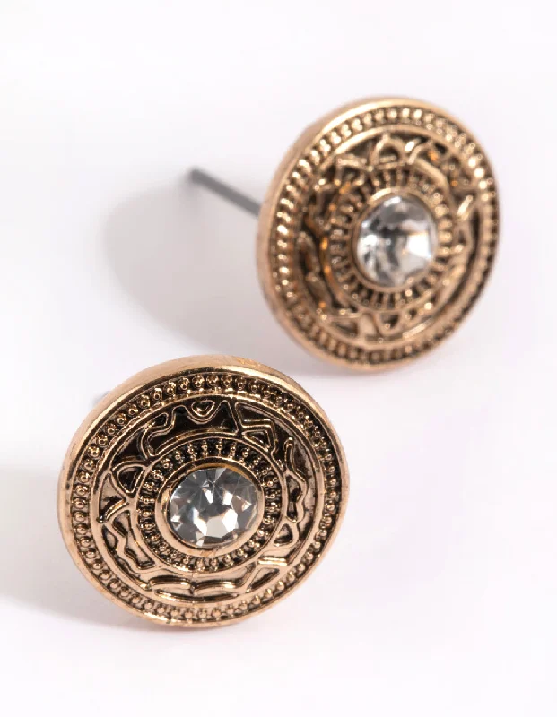 Vintage flair earrings-Antique Gold Diamante Stud Earrings