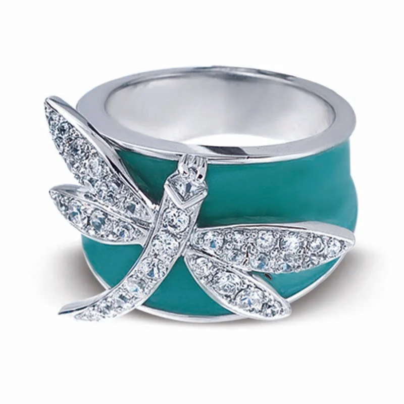 Halo sapphire engagement rings-STERLING SILVER DRAGONFLY RING WITH CZ STONES