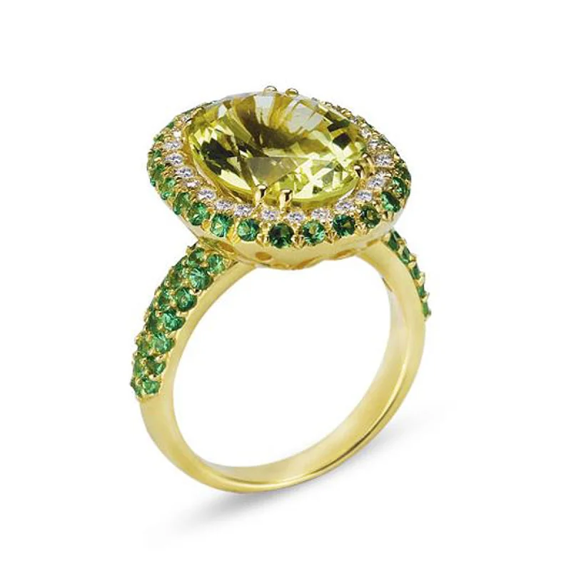 Organic shape engagement rings-18K YELLOW GOLD RING WITH DIAMONDS TSAVORITE AND LEMON QUARTZ