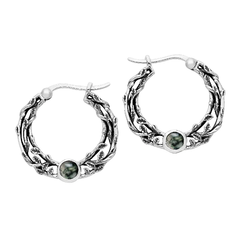 Topaz stone earrings-FOLKLORE - Moss Agate & Sterling Silver Hoops