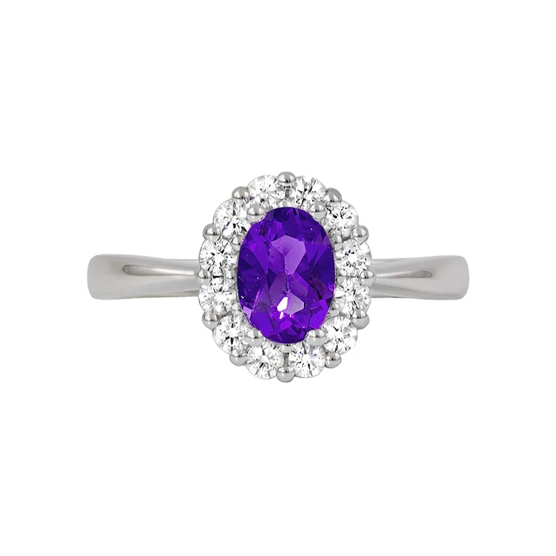 Polished bead engagement rings-Amethyst and Diamond Halo Ring