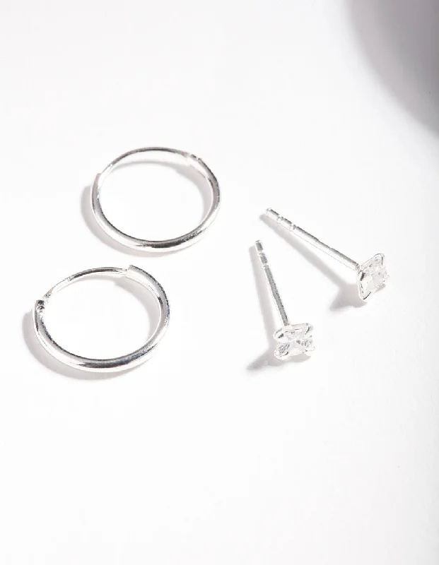 Curved design earrings-Sterling Silver Cubic Zirconia Princess Stud Hoop Earring Pack