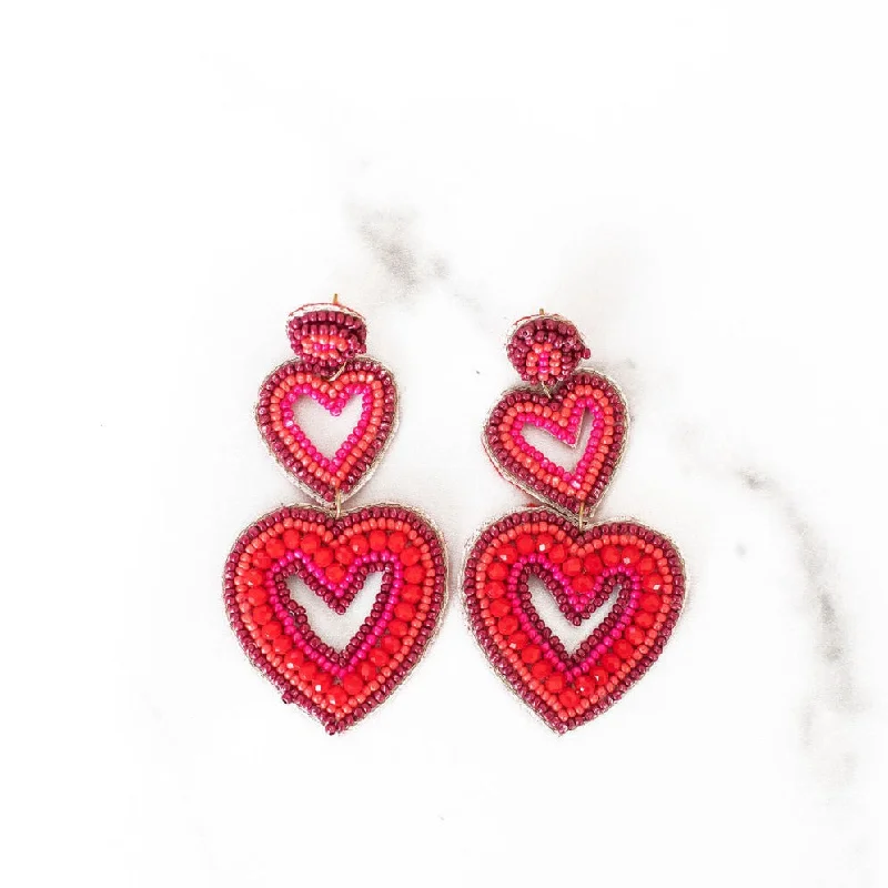 Silk fringe earrings-Double Tier Open Heart Beaded Earrings