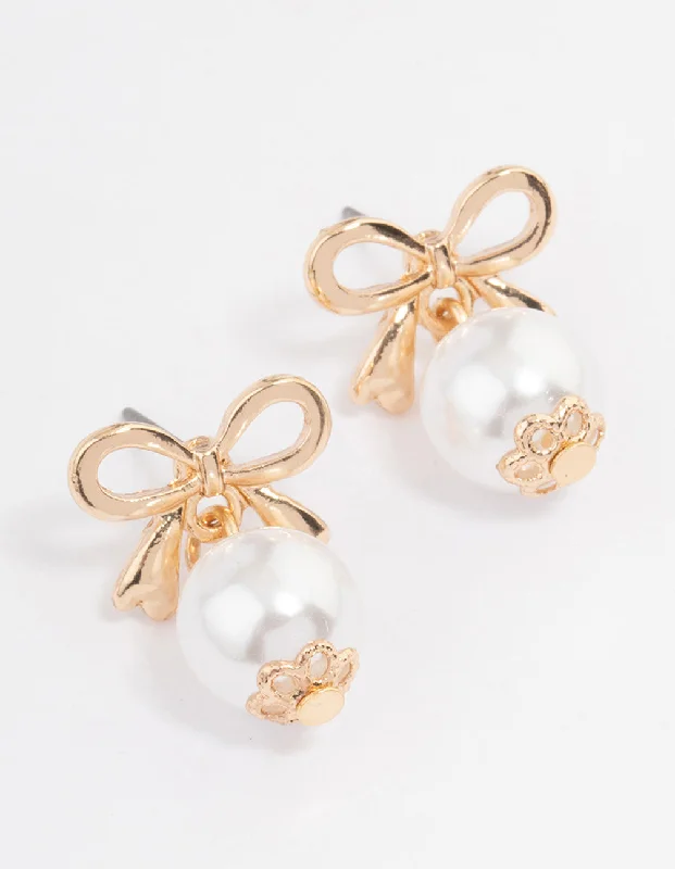 Rough texture earrings-Gold Bow Pearl Drop Earrings