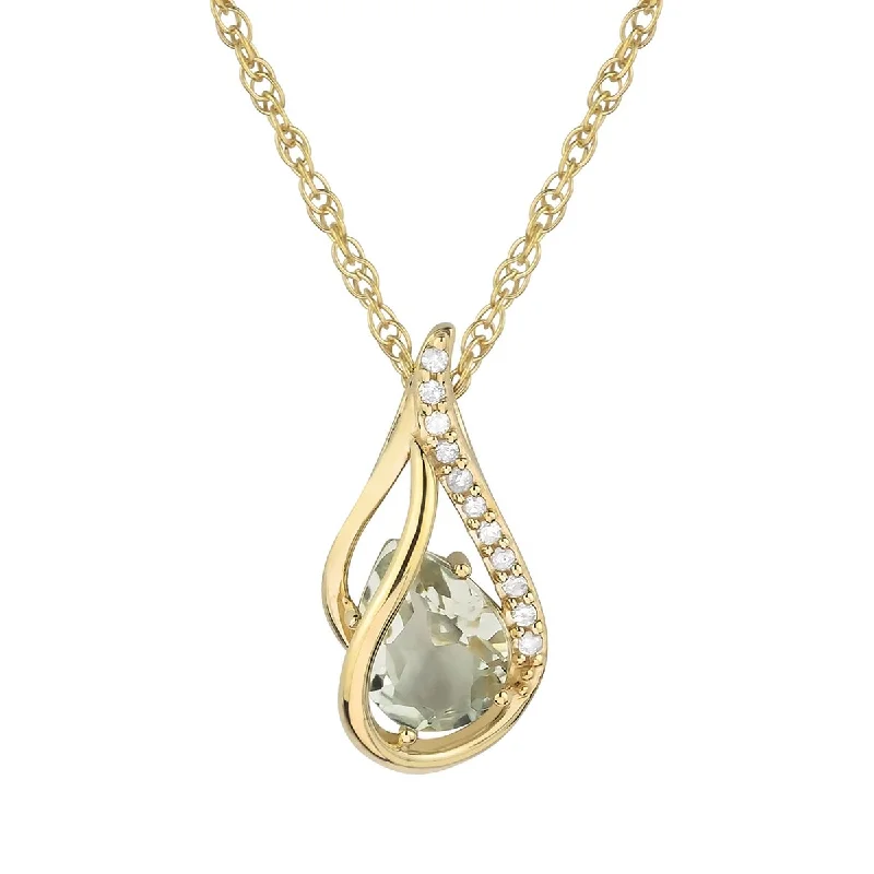 Thai style necklaces-Viducci 10k Yellow Gold Genuine Pear-shape Green Amethyst and Diamond Halo Drop Pendant Necklace