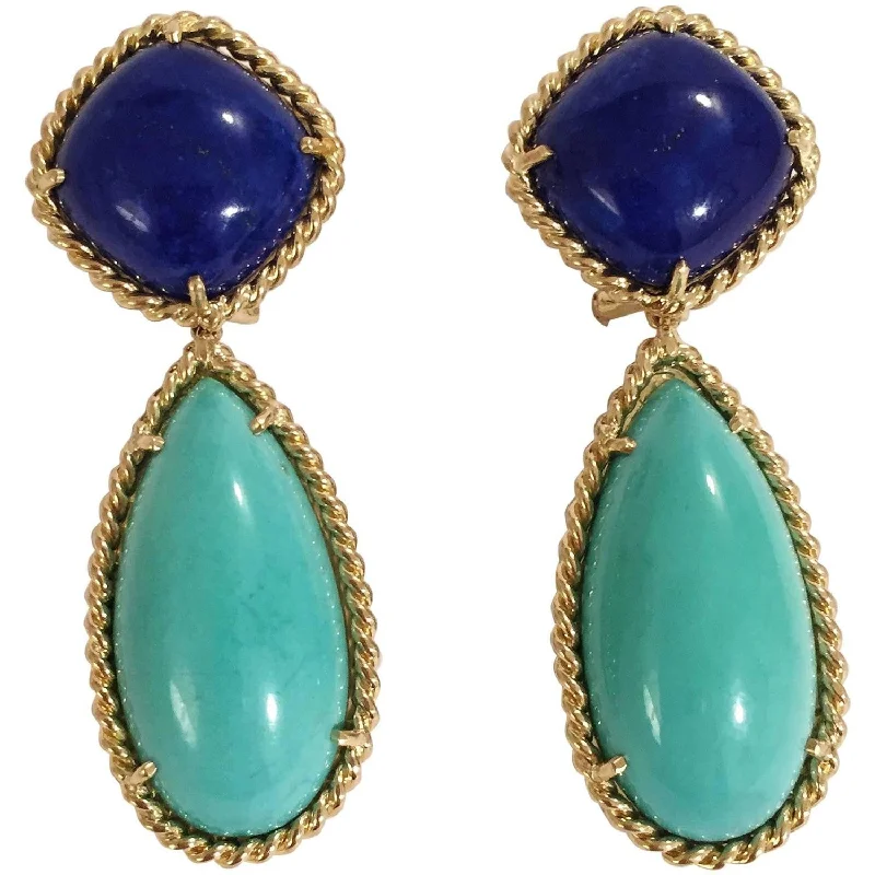 Fine bead earrings-Elegant Lapis Turquoise Gold Rope Twist Edged Cushion Drop Earrings