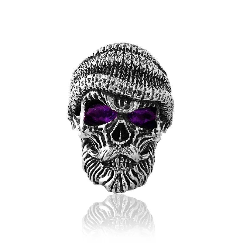 Pinch band engagement rings-Sterling silver skull ring with amethyst