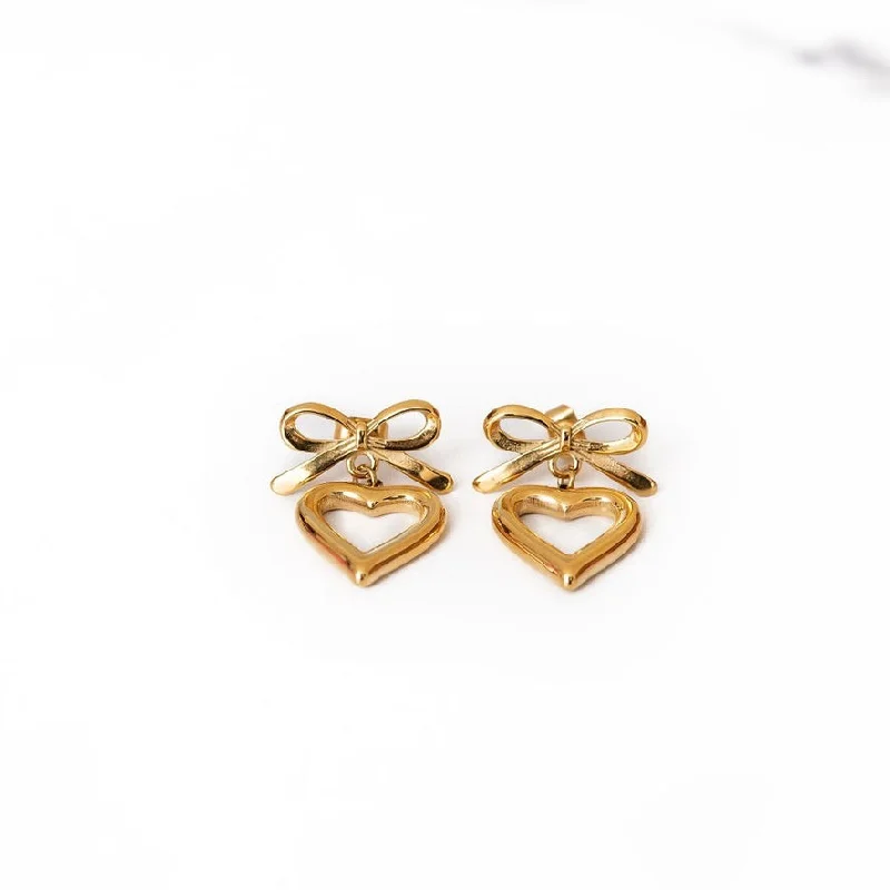 Coiled cord earrings-Bow + Heart Stainless Steel Drop Earrings