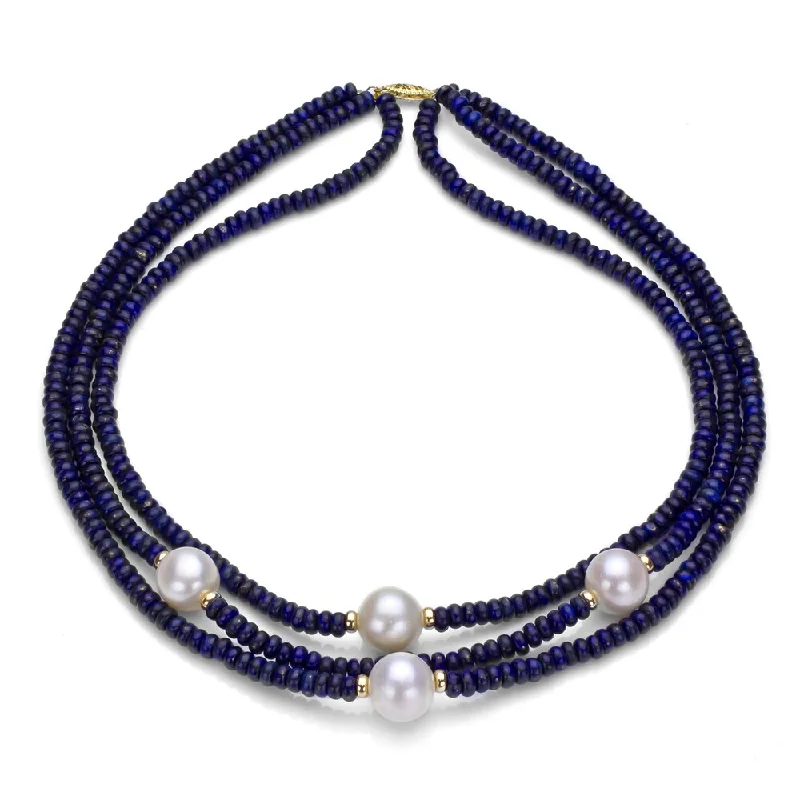 Silk cord necklaces-DaVonna 14k Gold 3-row Blue Lapis and White FW Pearl Necklace (11-12 mm)