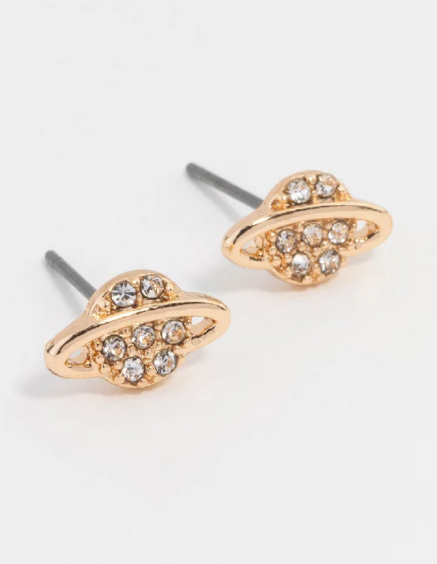 Playful pair earrings-Gold Diamante Planet Stud Earrings