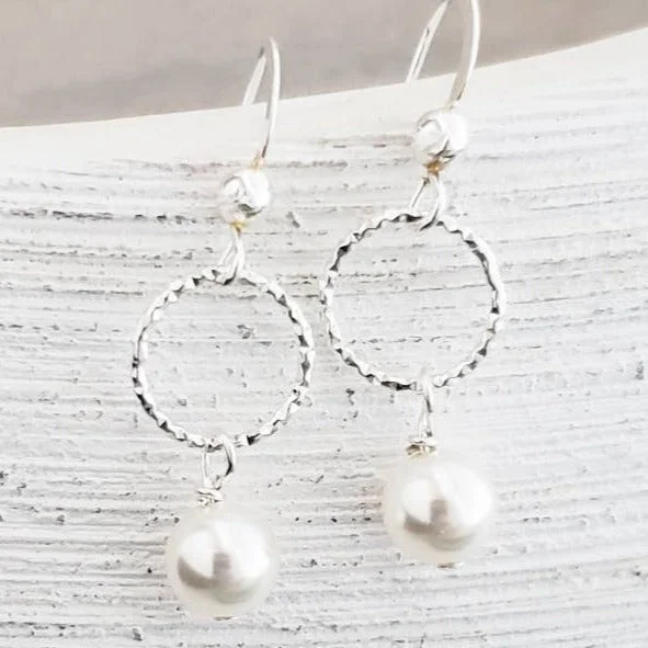 Thin hoop earrings-Silver Diamond Cut w/Crystal Pearls Earrings- White