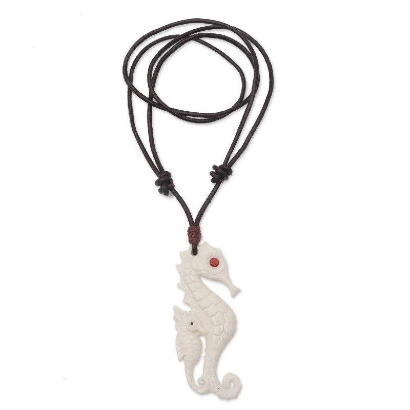 Retro deco necklaces-NOVICA Caring Seahorse, Bone and garnet pendant necklace - 18" min L - x 27.5" max L