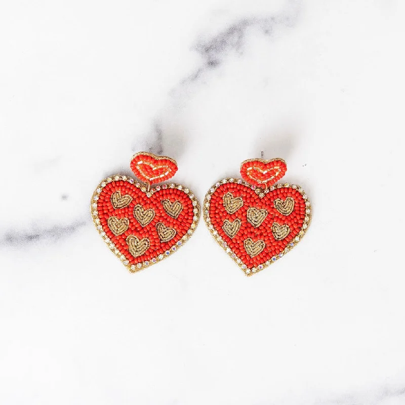 High gloss earrings-Red & Gold Hearts Beaded Earrings