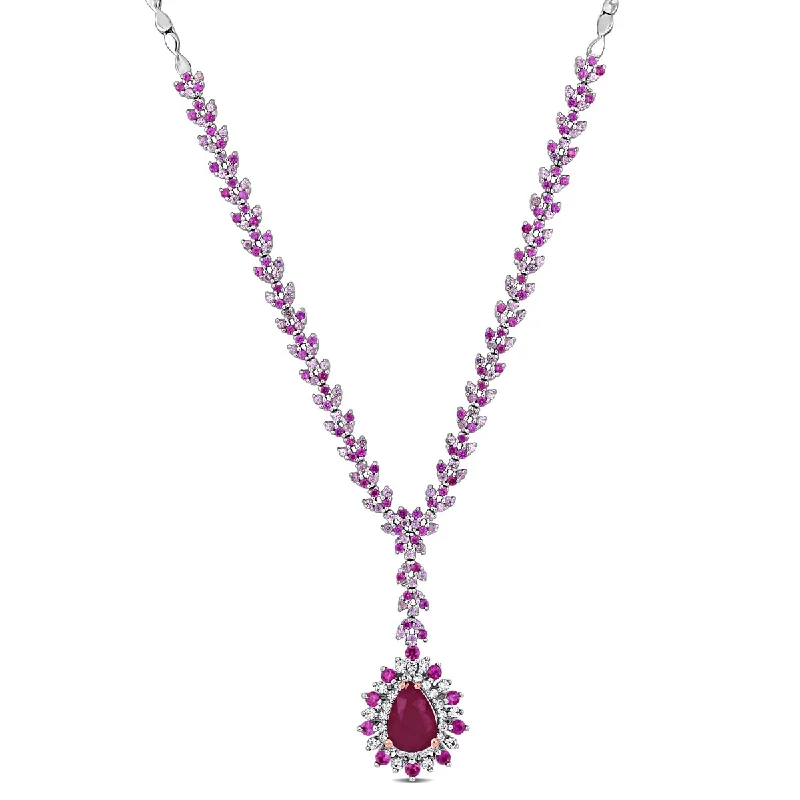 Fine bead necklaces-Miadora 3 5/8ct TGW Ruby & Pink Sapphire 1/4ct TW Diamond Necklace in 14k Two-Tone Gold