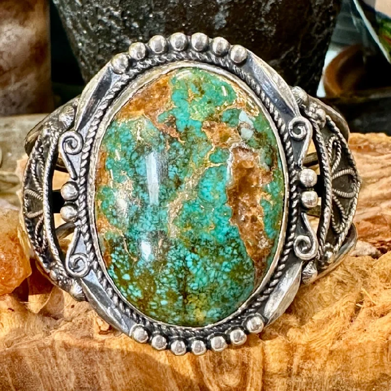 Petal carved bangles-Old Navajo Sterling Silver Turquoise Cuff Bracelet