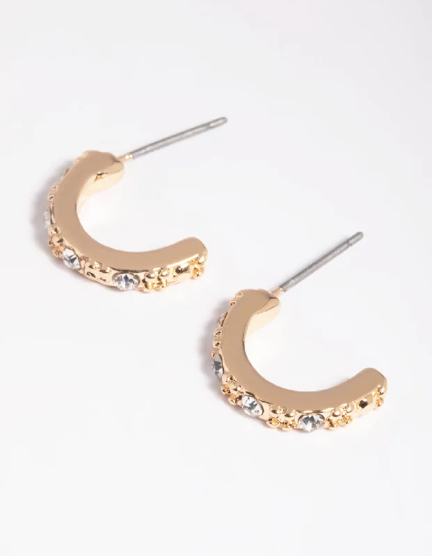 Layered drop earrings-Gold Diamante Huggie Hoop Earrings