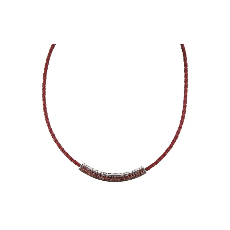 Oval gem necklaces-Platinum over Sterling Silver Red Garnet Curved Braided Leather Necklace