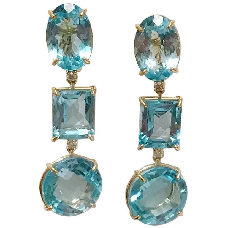 Lily design earrings-18kt Yellow Gold Three Drop Earring with Blue Topaz and Diamond