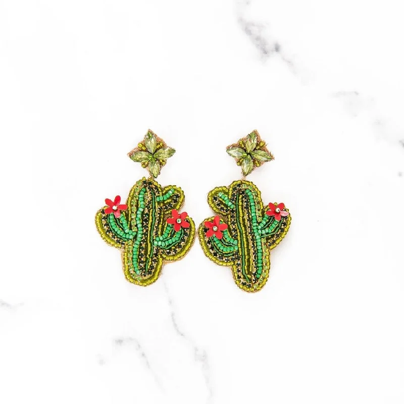 Pure crystal earrings-Jeweled + Beaded Green Cactus Earrings