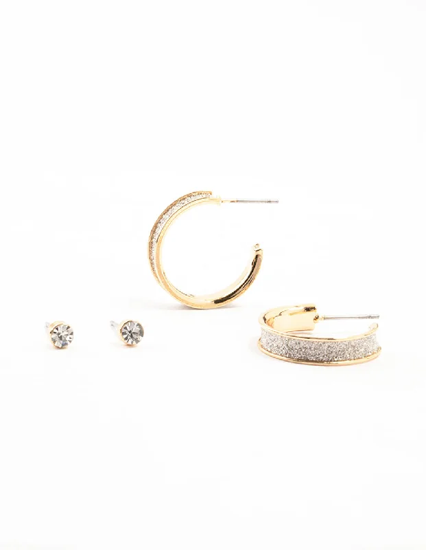 Pure crystal earrings-Gold Diamante Glitter Hoop & Stud Earrings 2-Pack