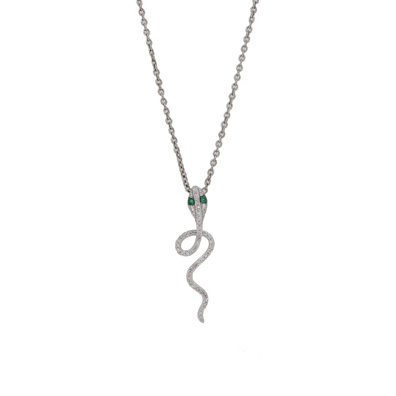 Joelle Diamond & Emerald Snake Necklace Pendant 14K White Gold 1/6 ct